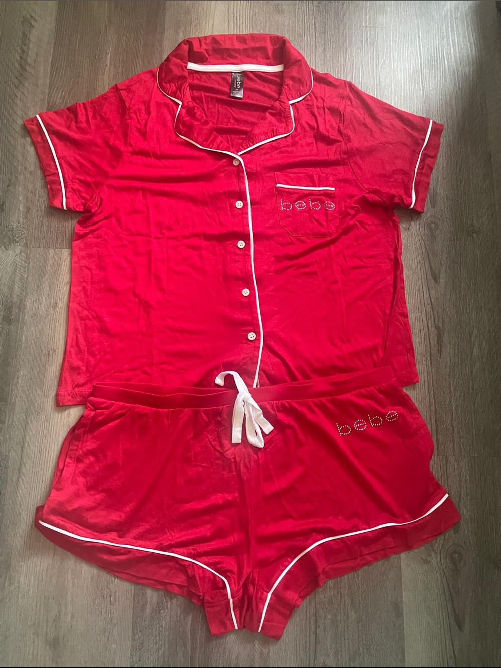 bebe Red Satin Short Pajama Set with White Trim